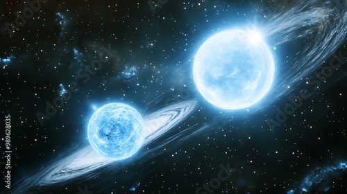 White dwarf star in a binary star system with a blue giant showing the Chandrasekhar limit and stellar nucleosynthesis cosmic voids around photo