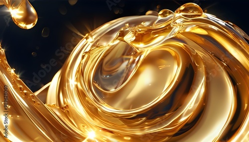 Mesmerizing Dance of Liquid Gold: An Abstract Elegance of Swirling Droplets and Shimmering Reflections Evoking Luxury and Fluidity