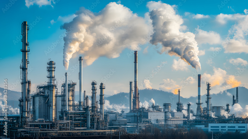 A large industrial oil refinery emitting flares and gases into the atmosphere. A large industrial oil refinery emitting flares and gases into the atmosphere.