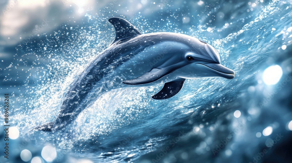 Obraz premium A dolphin diving gracefully beneath the waves, with a shimmering trail of bubbles following behind, emphasizing the elegance of its movements.