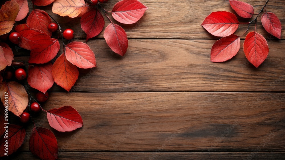 Rustic wooden table with colorful autumn leaves scattered, creating a cozy fall scene.