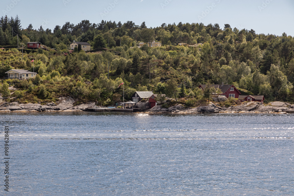 Obraz premium Red Homes Along the Fjord in the Forest Seen from a Cruise Ship Sailing out of Hjeltefjorden near Bergen Norway