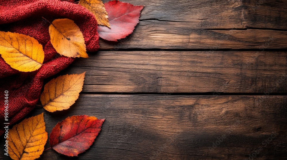 Rustic wooden table with colorful autumn leaves scattered, creating a cozy fall scene.