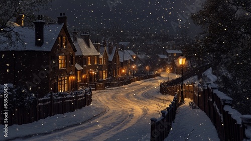 In a quaint village in winter, a snow-covered street reflects cozy cottages and glowing windows