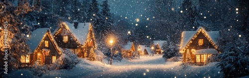 Peaceful snowy Christmas village with glowing cottage lights