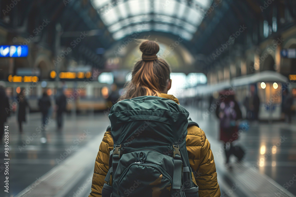 A woman wearing a brown jacket and backpack is standing in a train station, A woman wearing a brown jacket and backpack is standing in a train station,