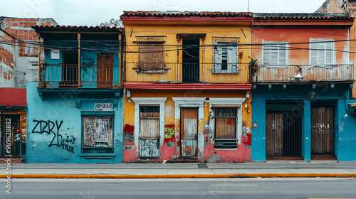 A Latin American city center with colorful buildings but shuttered businesses graffiti marking the economic strife. photo