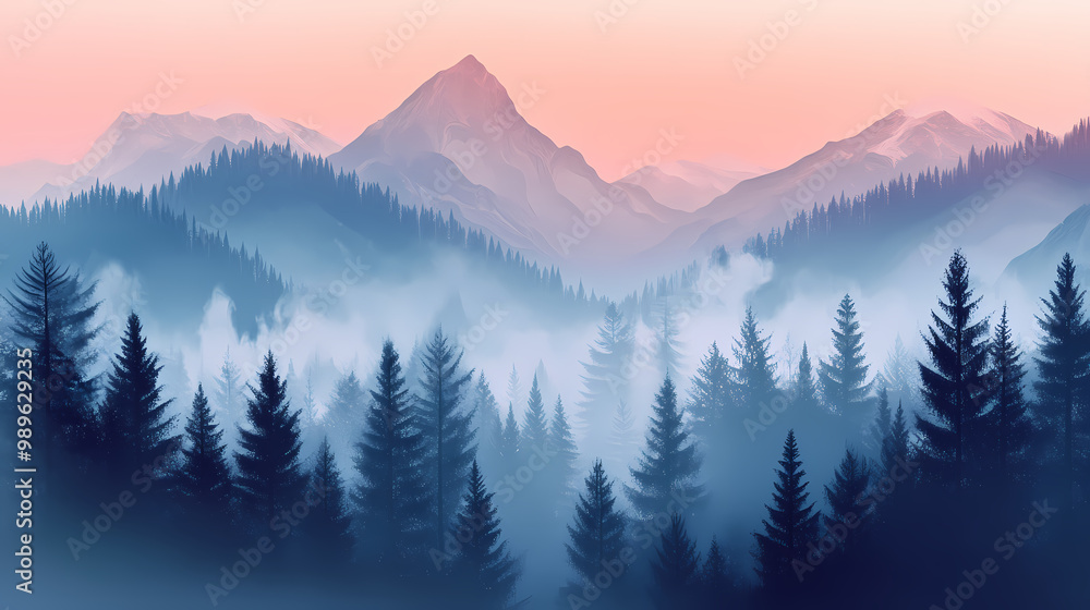 Ethereal mountain forest landscape generative ai. Foggy Forest. Illustration Ethereal mountain forest landscape generative ai. Foggy Forest. Illustration