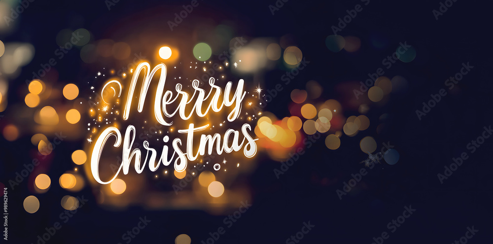 Naklejka premium Illustration with the word Merry Christmas written in cursive in white and with a background of a beautiful landscape with blurred lights