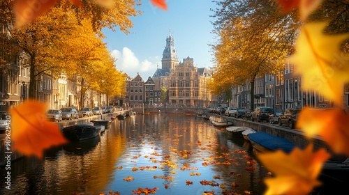 Amsterdam Canals in Autumn with Golden Leaves - Iconic Cityscape View photo