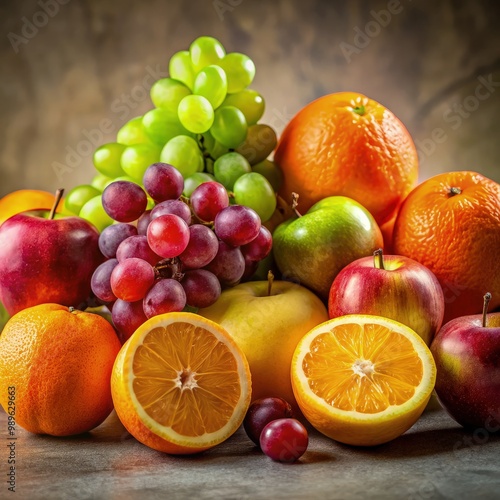 A vibrant assortment of colorful fruits arranged beautifully on a table. Generative AI