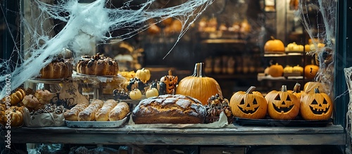 Rustic bakery themed for Halloween, featuring cobwebbed windows and pumpkin loaves.