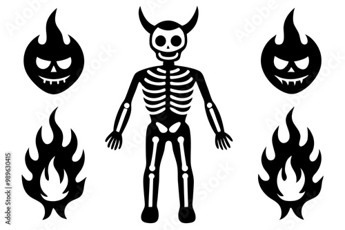 Set of various Skeleton. Human skeletons with pumpkin head, eyepatch, horns and flame. Hand drawn modern Vector illustration. Isolated design templates. Cute creepy characters. Halloween concept