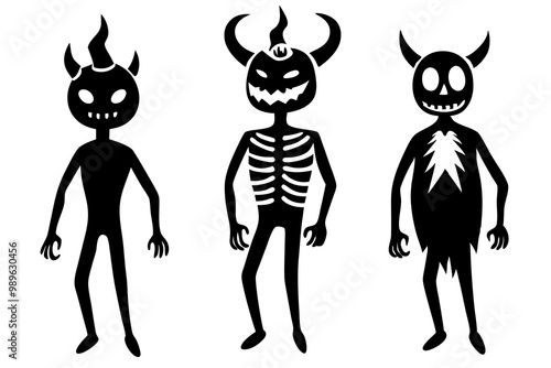 Set of various Skeleton. Human skeletons with pumpkin head, eyepatch, horns and flame. Hand drawn modern Vector illustration. Isolated design templates. Cute creepy characters. Halloween concept