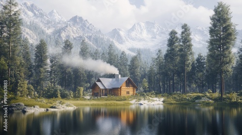 It's a sunny day in a peaceful natural setting, surrounded by a rustic cabin by a serene lake