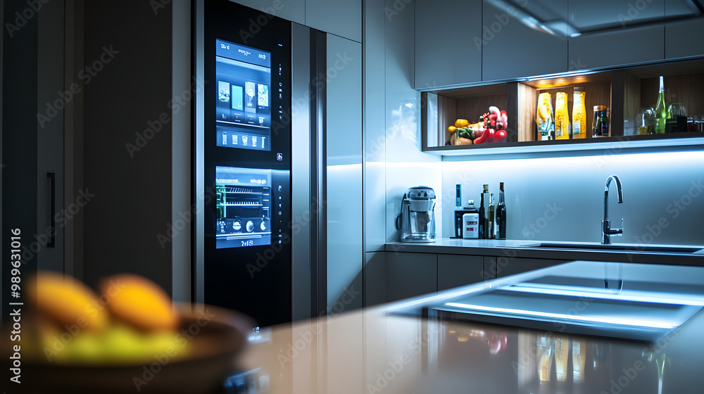 A minimalist kitchen with advanced cooking appliances including a smart refrigerator with a touch screen and voice-controlled stovetops. A minimalist kitchen with advanced cooking appliances including a smart refrigerator with a touch screen and voice-controlled stovetops.