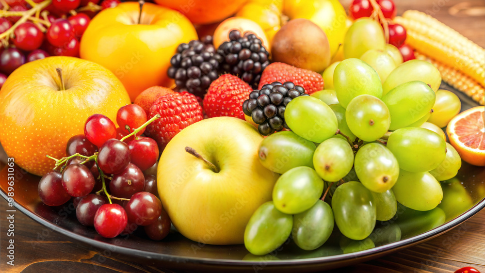 Assorted Fresh Fruits Including Apples, Grapes, Blackberries, and Peaches on Dark Plate, Bountiful Harvest Assorted Fresh Fruits Including Apples, Grapes, Blackberries, and Peaches on Dark Plate, Bountiful Harvest