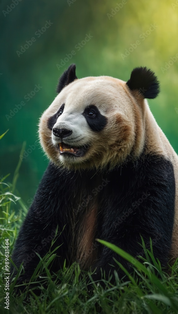 Obraz premium Panda sitting in the grass with mouth open, possibly yawning or reacting