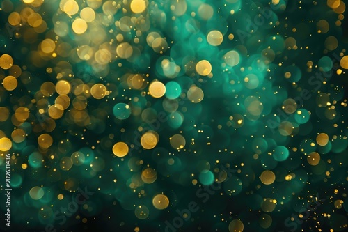 Abstract blur bokeh banner background. Gold bokeh on defocused emerald green background