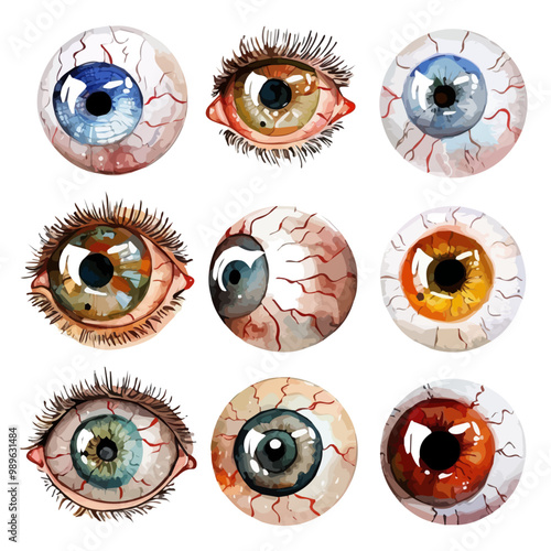 illustration vector Halloween eyeballs isolated on white background,  red and green eye set