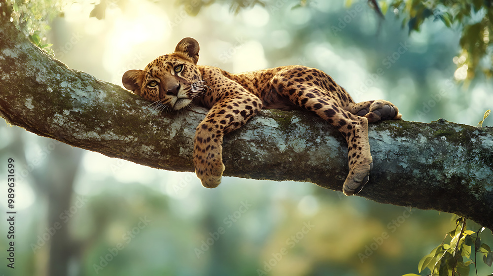 Fototapeta premium Leopard on Branch at Sunset: A majestic leopard rests on a sturdy branch, bathed in the warm glow of the setting sun, a captivating image of wildlife serenity. 