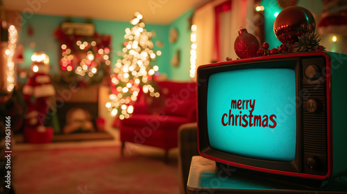 A nostalgic 90s television displays festive cheer with merry christmas in a cozy, decorated living room during the holiday season