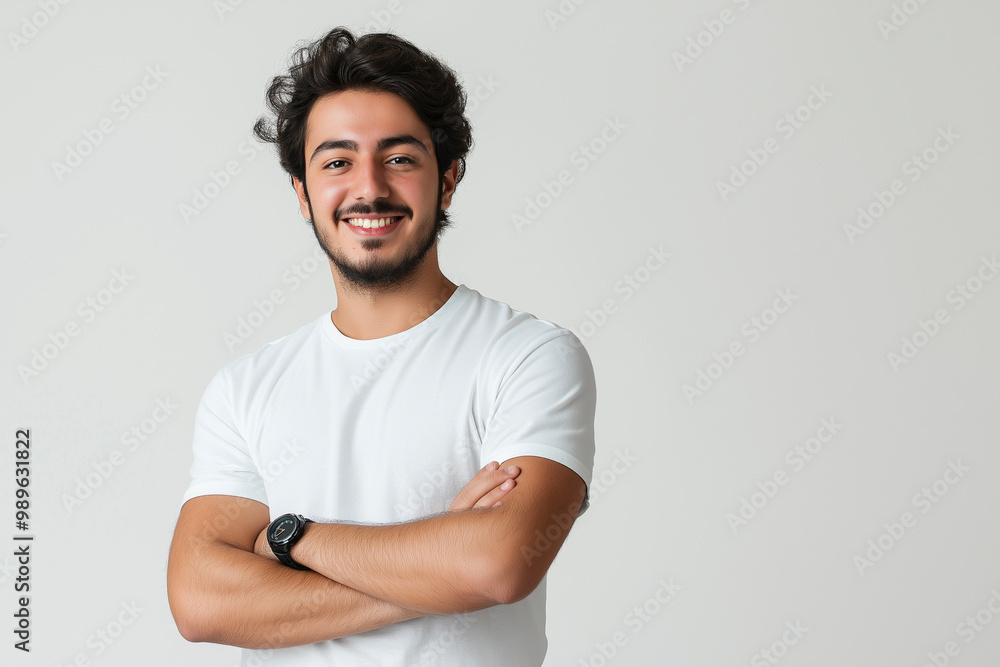 Young Turkish man smiling in white t-shirt on white background. Studio photography. Mockup Template Young Turkish man smiling in white t-shirt on white background. Studio photography. Mockup Template