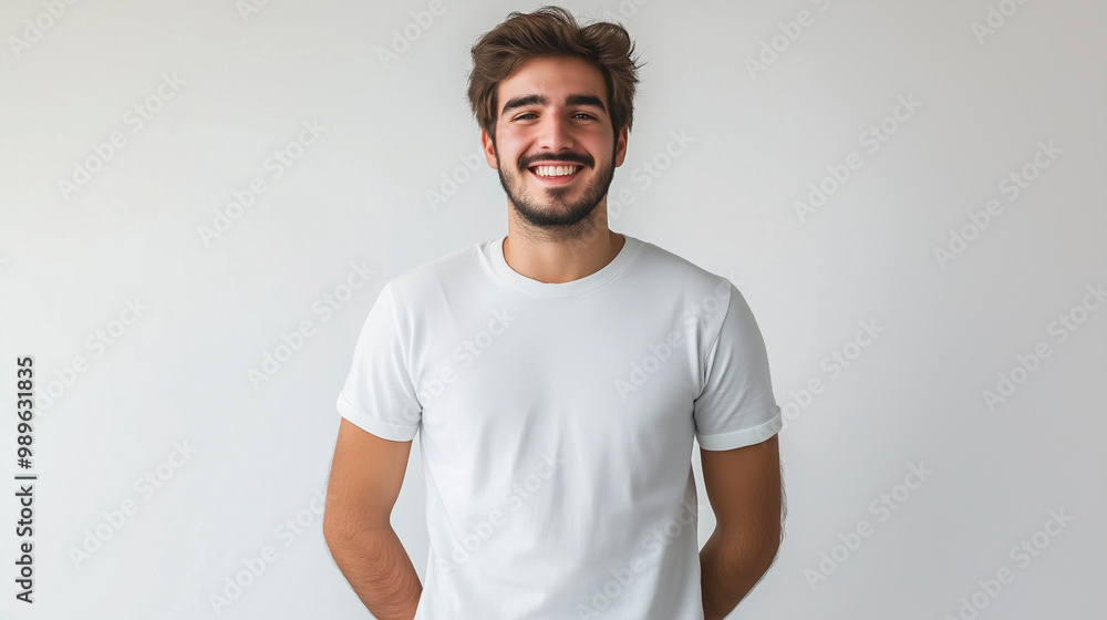 Fototapeta premium Young Turkish man smiling in white t-shirt on white background. Studio photography. Mockup Template