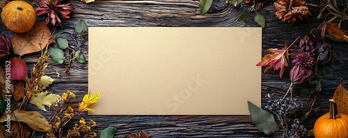 Thanksgiving card mockup decorated with herbal flowers on a rustic wooden surface.