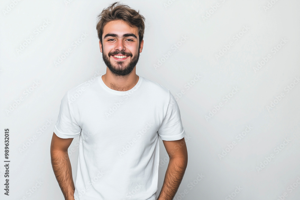 Young Turkish man smiling in white t-shirt on white background. Studio photography. Mockup Template Young Turkish man smiling in white t-shirt on white background. Studio photography. Mockup Template