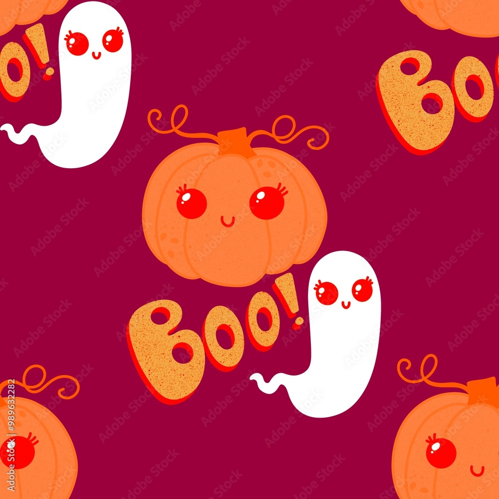 Fototapeta premium Halloween cute pumpkins seamless monsters pattern for wrapping paper and fabric