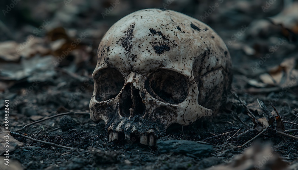Close-up of a skull on the ground, themed for Halloween and study. Close-up of a skull on the ground, themed for Halloween and study.