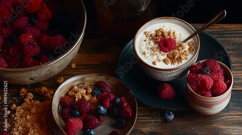 Raspberry Delight: A rustic still life featuring a bowl of creamy yogurt topped with crunchy granola and fresh raspberries, surrounded by scattered berries and a touch of brown sugar.  A symphony of t photo