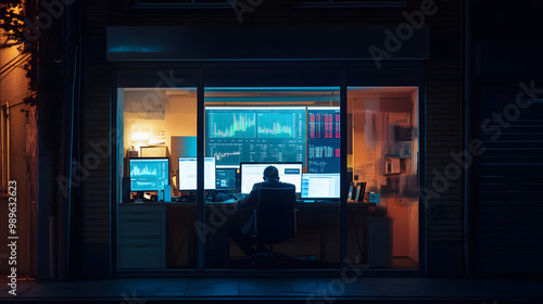 A nighttime scene of a small office building the only illuminated room showing an analyst working late surrounded by financial charts.