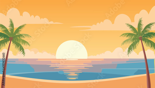  Sunset over the ocean with palm trees