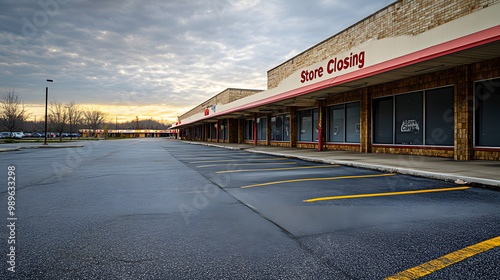 A North American strip mall its parking lot nearly empty with Store Closing signs on most windows.