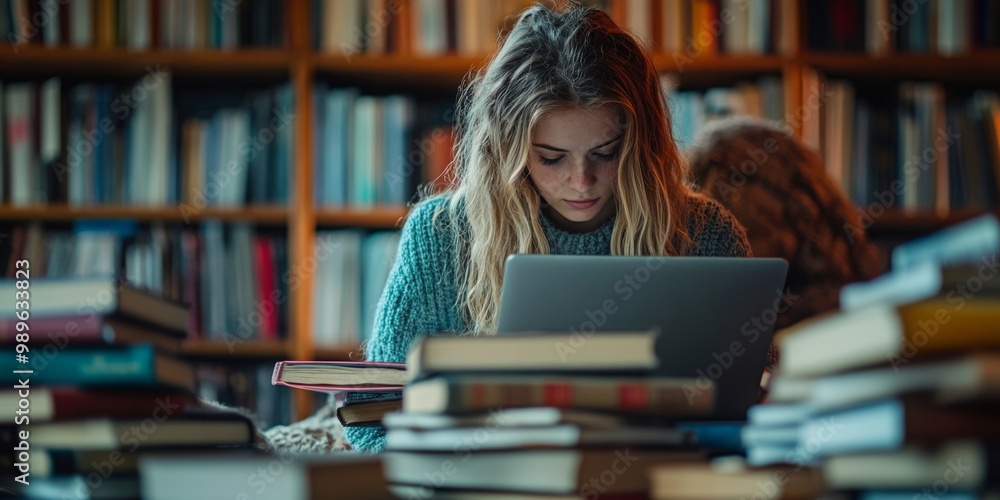 Focused student immersed in study, surrounded by books and a laptop, soft background enhances concentration atmosphere