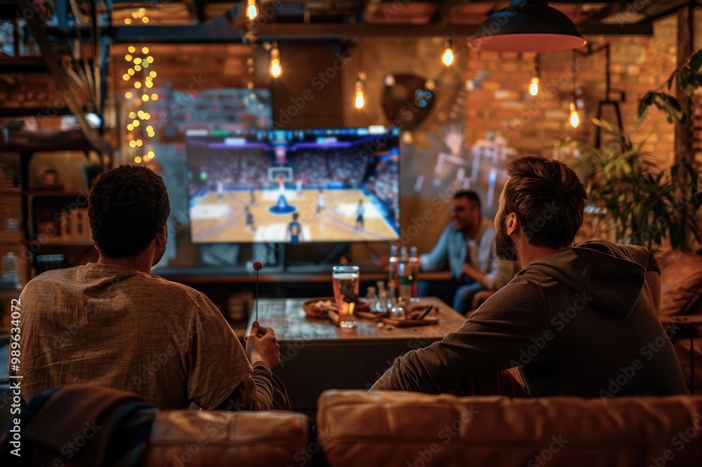 Back view of men and friends sitting at table with beer and snacks watching online basketball game on TV at home. Back view of men and friends sitting at table with beer and snacks watching online basketball game on TV at home.