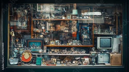 A pawn shop window crammed with various items from jewelry to electronics reflecting economic hardship.