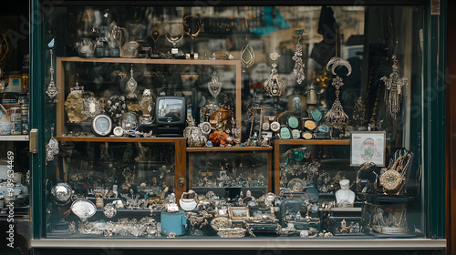 A pawn shop window crammed with various items from jewelry to electronics reflecting economic hardship.
