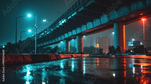 Nighttime urban scene with reflections on wet pavement under a bridge.