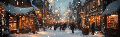 Peaceful snowy Christmas village with glowing cottage lights