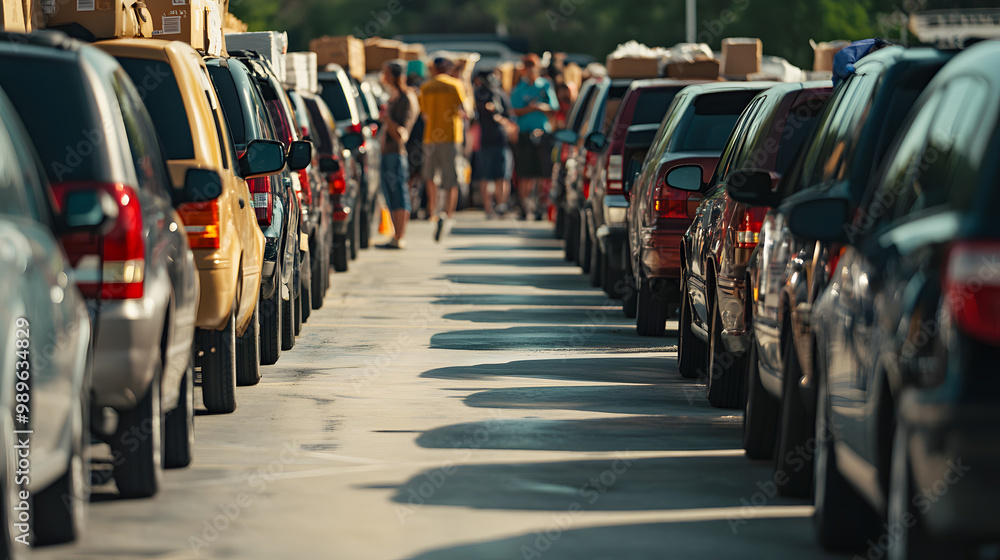 Fototapeta premium A queue of cars at an American food distribution center volunteers loading supplies into trunks.