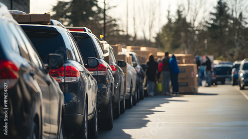 A queue of cars at an American food distribution center volunteers loading supplies into trunks.