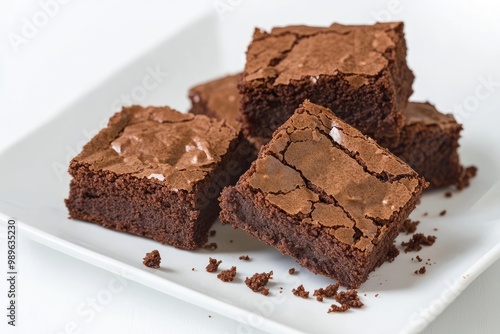 Professional food photography shot of vegan brownies. The brownies are rich and fudgy with a slightly cracked top and moist, gooey center. They are cut into neat square pieces.