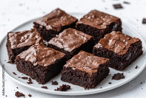 Professional food photography shot of vegan brownies. The brownies are rich and fudgy with a slightly cracked top and moist, gooey center. They are cut into neat square pieces.