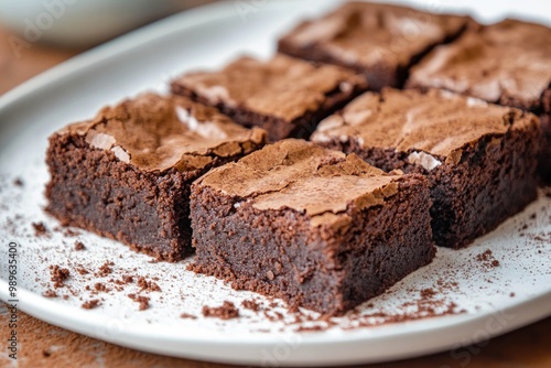 Professional food photography shot of vegan brownies. The brownies are rich and fudgy with a slightly cracked top and moist, gooey center. They are cut into neat square pieces.