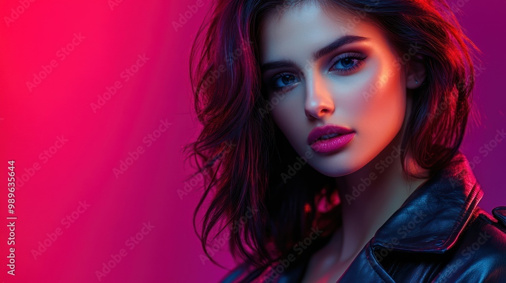 A close-up portrait of a woman with striking features and colorful lighting. A close-up portrait of a woman with striking features and colorful lighting.