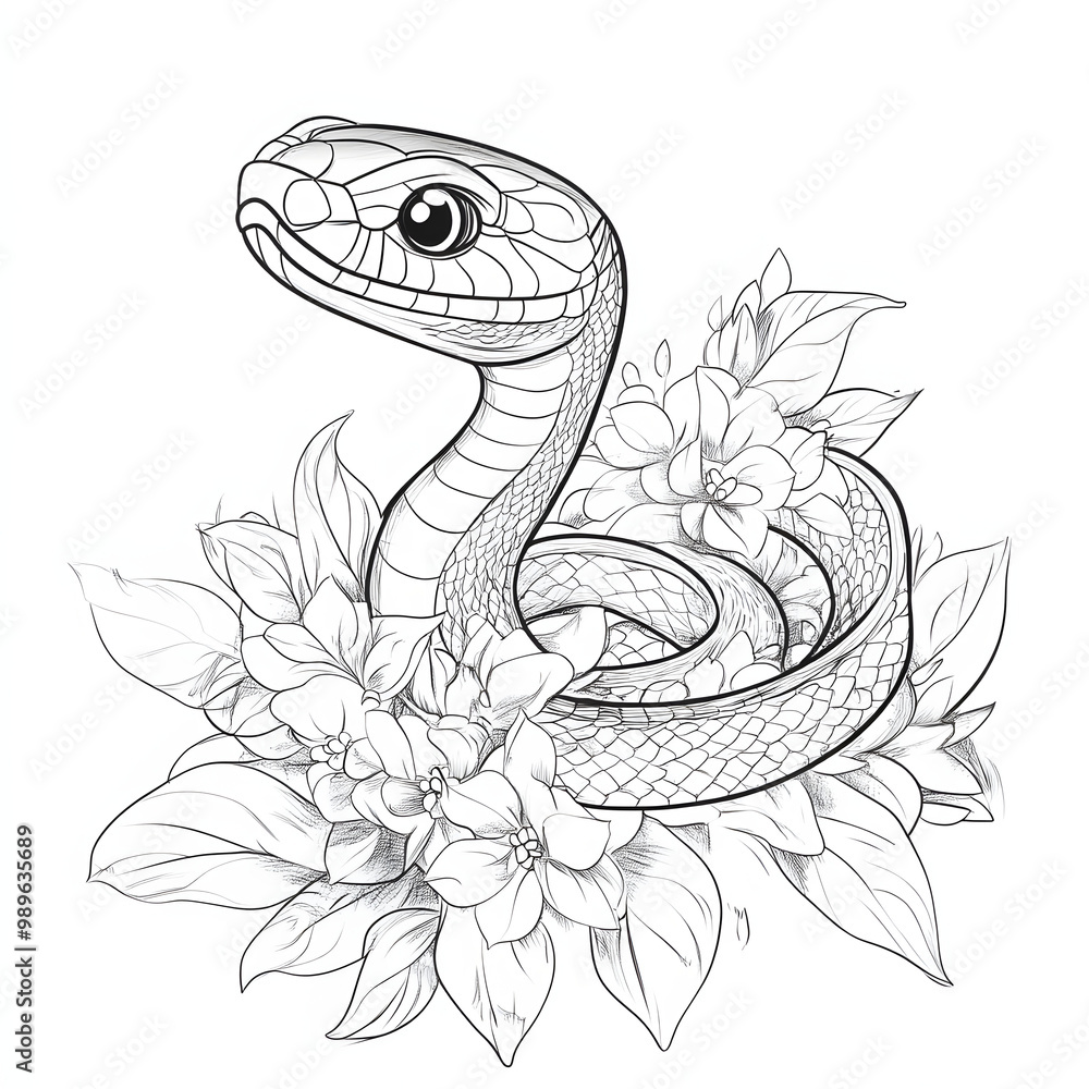 Fototapeta premium Black and white coloring page with a cute Green Wood Snake and flowers on a white background
