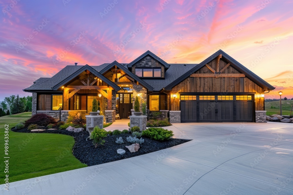 Beautiful home exterior at dusk with modern architecture, large front door and garage, stone accents, wooden beams, sunrise sky in the background. Beautiful home exterior at dusk with modern architecture, large front door and garage, stone accents, wooden beams, sunrise sky in the background.
